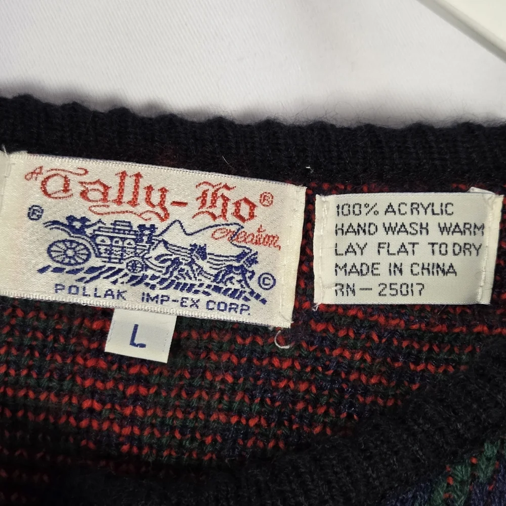 Vintage Tally Ho Cardigan Sweater Womens L Green Red Plaid Long Sleeve - Picture 4 of 6